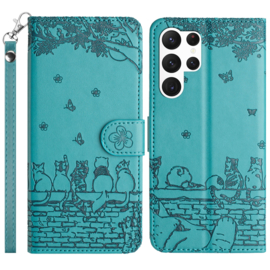 BookCover Hoes Etui voor Samsung Galaxy S25 Ultra  -  Turquoise  - Katten op Muurtje -  Reliëf