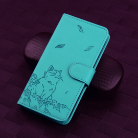 BookCover Hoes Etui voor Samsung Galaxy S24  FE -  Turquoise  -  Cute Cat - Kat - Reliëf