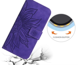 Hoes - Etui - Tas voor Samsung Galaxy A37 - A36  -  A56   Met Schouder - Draagkoord -  Blauw -  Zonnebloem Reliëf