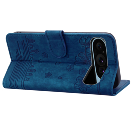 BookCover Hoes Etui voor Google Pixel 9 - 9 Pro - 10 - 10 Pro  -  Blauw - Bloemen Kat - Reliëf