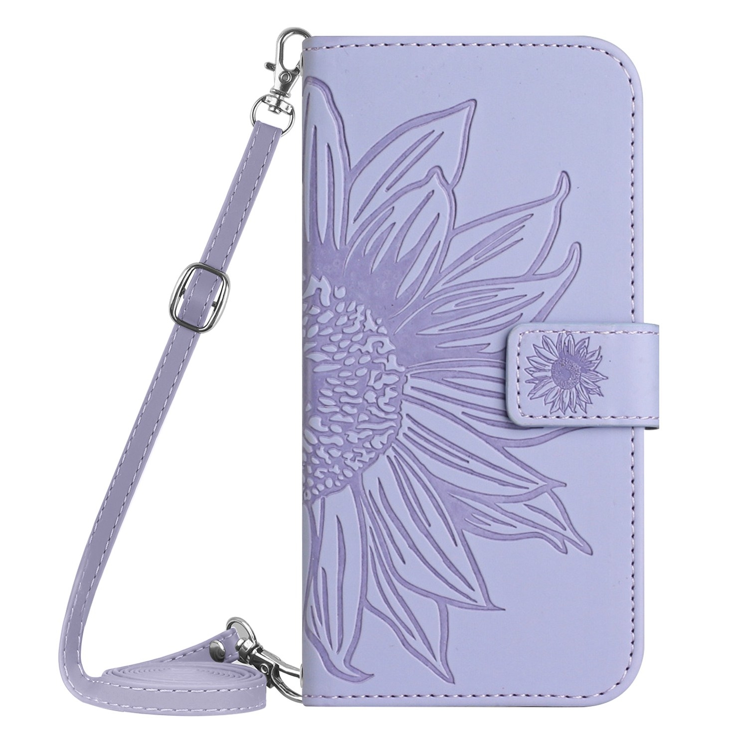 Hoes - Etui - Tas voor Samsung Galaxy A16  - A26  Met Schouder - Draagkoord -  Lila / Paars  -  Zonnebloem Reliëf