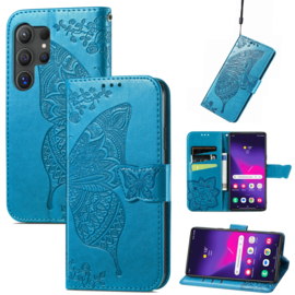 BookCover Hoes Etui voor Samsung Galaxy S25 Ultra  -  Blauw  - Vlinder   -  Reliëf