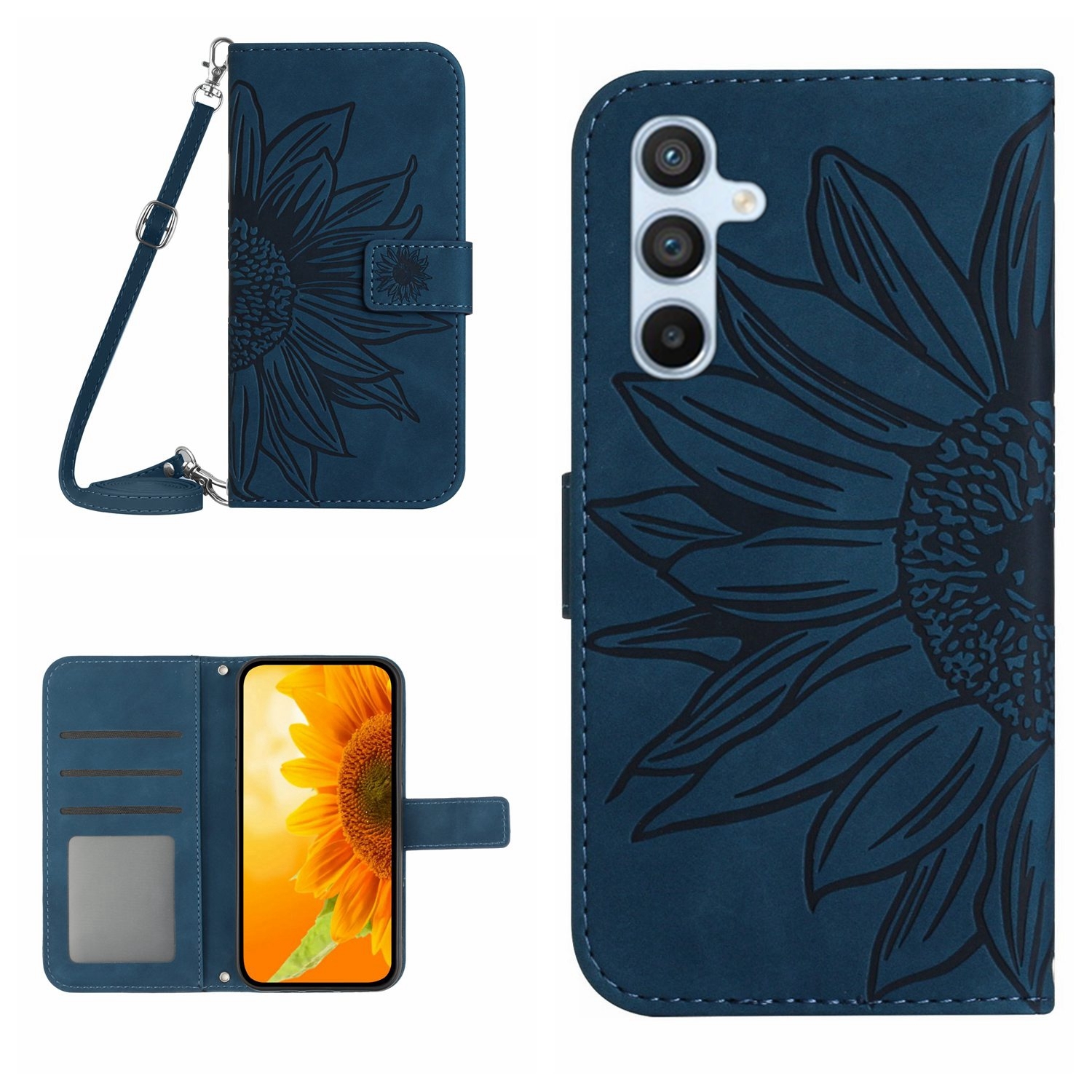 Hoes - Etui - Tas voor Samsung Galaxy A36  -  A56   Met Schouder - Draagkoord -  Donker-Blauw -  Zonnebloem Reliëf