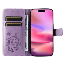 PU Boek-Cover Hoes Etui voor iPhone 16    Paars    Vlinders