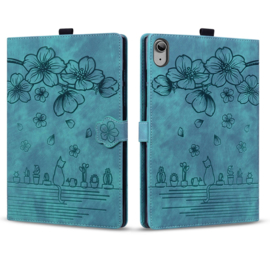 Luxe Bescherm-Etui Hoes Map voor Apple iPad 10 - 11 -  A16 - 10.9 -    Bloemen en Kat -  Groen