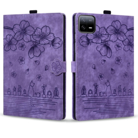 Luxe Bescherm-Etui Hoes Map voor Xiaomi Pad 7 - Pad 7 PRO - Pad 8 - Pad 8 Pro -     Bloemen en Kat -  Paars