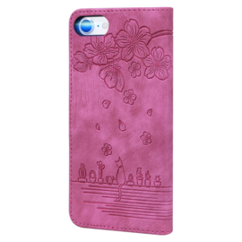 BookCover Hoes Etui voor Apple iPhone 16e  -  Roze - Bloemen Kat - Reliëf