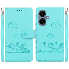 BookCover Hoes Etui voor Samsung Galaxy A06 - A07  -  Cartoon Cats  - Mint-Groen   - Reliëf