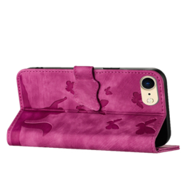BookCover Etui Hoes voor iPhone SE - iPhone 7 - iPhone 8   -  Roze - Vlinders en Kat - Reliëf