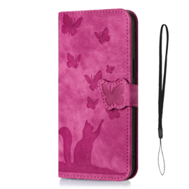 BookCover Etui Hoes voor iPhone 15  -  Roze  - Vlinders en Kat - Reliëf