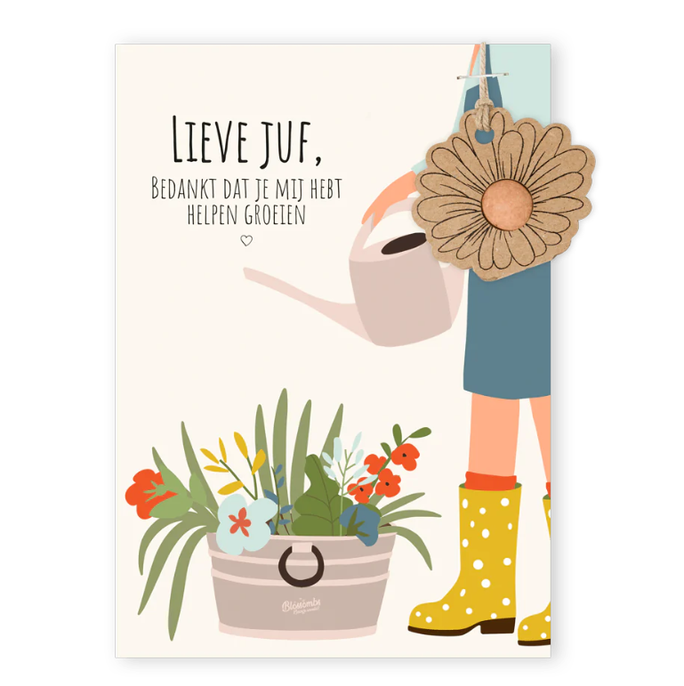 Kaart "Lieve juf" met bloemhanger en bloembommetje