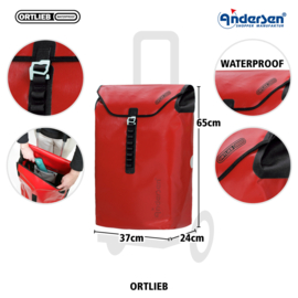 Tas Ortlieb rood, boodschappentas voor de boodschappenwagen van Andersen