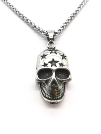 Edelstalen Skull Hanger Met Sterren  + Ketting