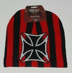 Beanie red stripes, iron cross