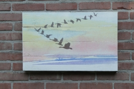 Aquarel Ganzen in V-Vorm op steigerhouten pallet