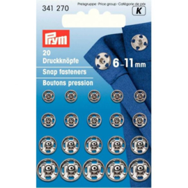 Prym aannaaidrukkers  assortiment zilverkleurig 6 - 11 mm.