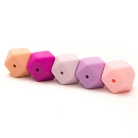 Durable Silicone Hexagon kraal 17mm. Kaart a 5 stuks. Roze/Paars