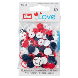 PRYM LOVE DRUKKNOPEN STER 12,4MM ROOD-WIT-BLAUW