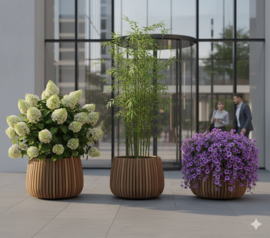 Hardhouten plantenbak rond 'Mori Sphere' Kleur: bruin | Ø98 x H60 cm