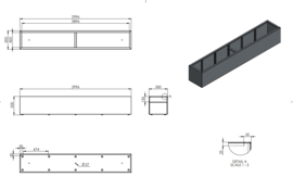 Aluminium plantenbak langwerpig`Border` 300x50x50 cm