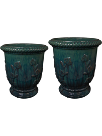 AANBIEDING! Set van 2 stuks Keramiek schaal 'Daisy' glanzend blauw Ø41 x H45 cm