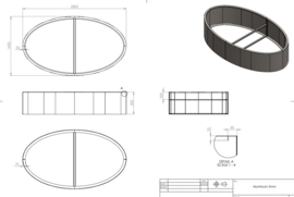 Aluminium plantenbak `Oval`zonder bodem L 280 x B 160 x H 60 cm