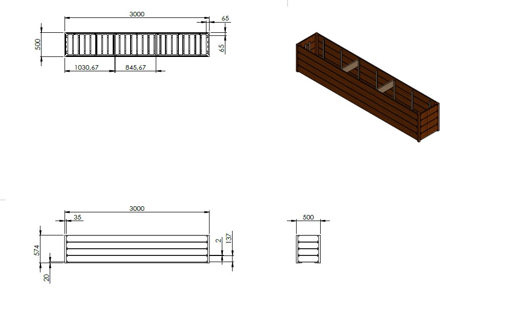 Hardhouten plantenbak `Santa Cruz` 300 x 50 x 57.4 cm