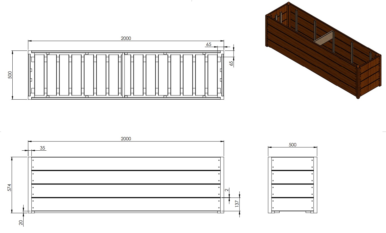 Hardhouten plantenbak `Santa Cruz` 200 x 50 x 57.4 cm