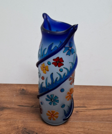 Blauw Vaas Beschilderd met Bloemen - Glaskunst