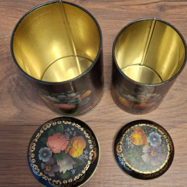 Theeblikje - Zwart met Bloemen - 2 Stuks