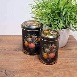 Theeblikje - Zwart met Bloemen - 2 Stuks