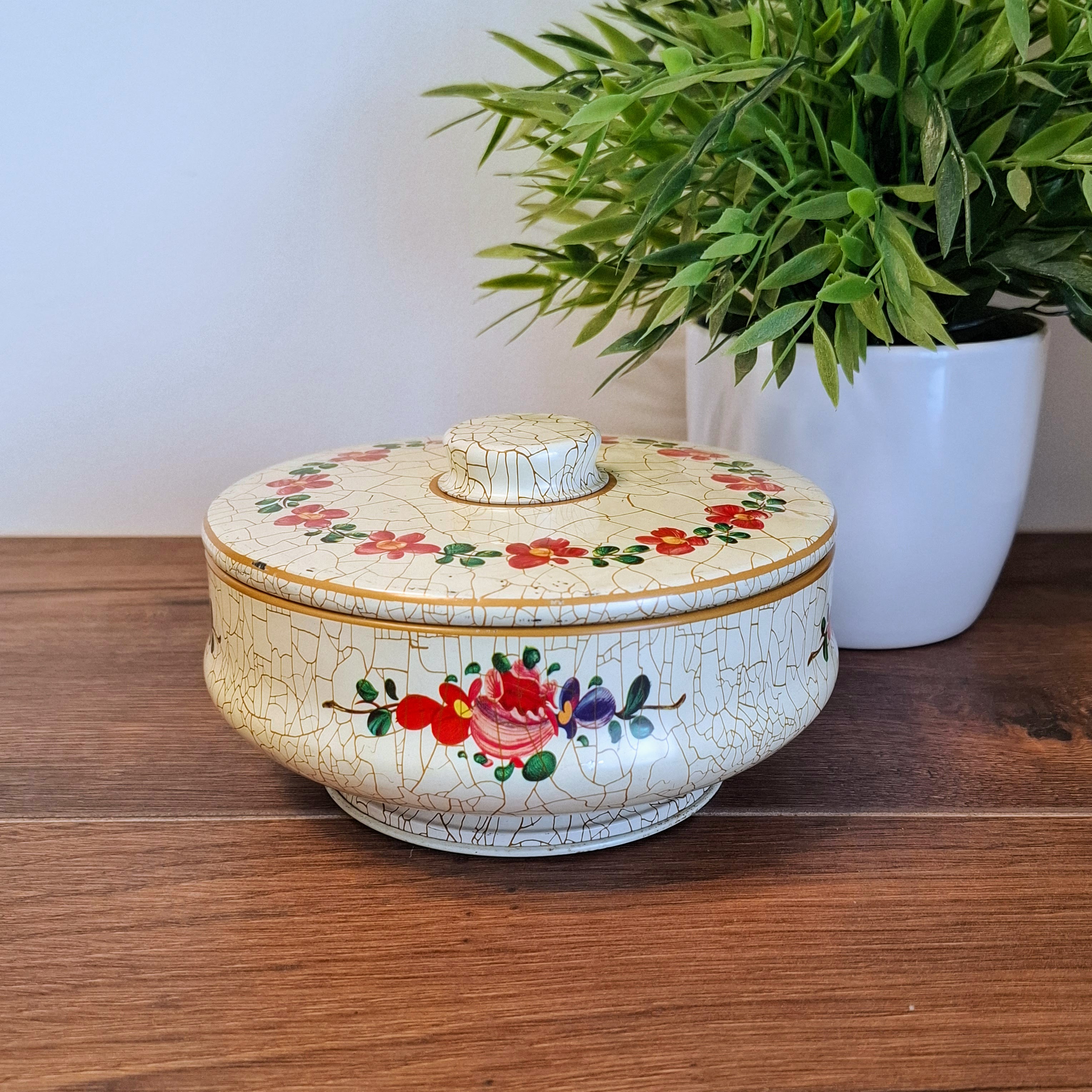 Koektrommel / Blik - Craquele Motief - Bloemen
