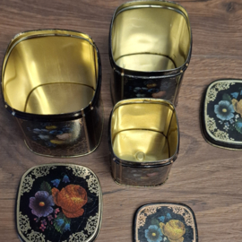 Theeblikje - 3 in elkaar passende blikjes - Zwart met Bloemen