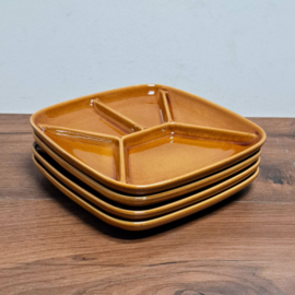 Vintage Fondueborden 4 Stuks - Okergeel / Bruin - Petrus Regout