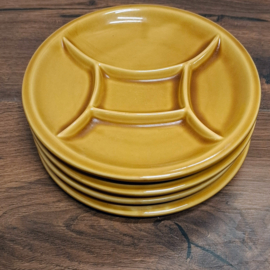 Vintage Fondueborden 4 stuks - Okergeel / Bruin