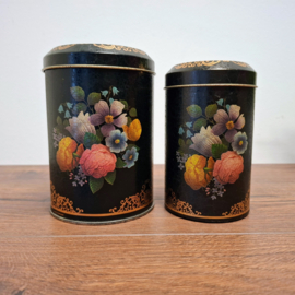 Theeblikje - Zwart met Bloemen - 2 Stuks