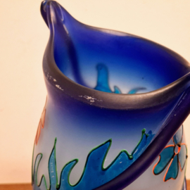Blauw Vaas Beschilderd met Bloemen - Glaskunst