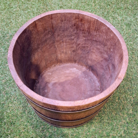 Houten Bloempot - Eikenhout met Koperen banden - Ø 28 x H 23,5 cm