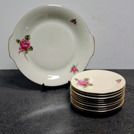 Vintage Gebakset - Taart - CoPo - Roos - Bord met 10 Kleinere bordjes