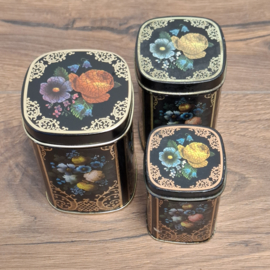 Theeblikje - 3 in elkaar passende blikjes - Zwart met Bloemen