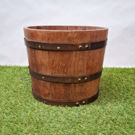 Houten Bloempot - Eikenhout met Koperen banden - Ø 28 x H 23,5 cm
