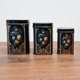 Theeblikje - 3 in elkaar passende blikjes - Zwart met Bloemen