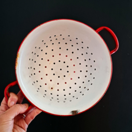 Vintage Rood Emaille Vergiet met handvaten en voet