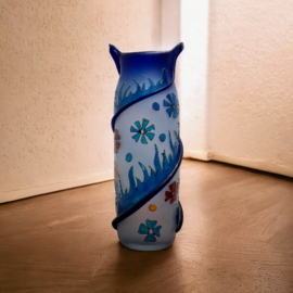 Blauw Vaas Beschilderd met Bloemen - Glaskunst