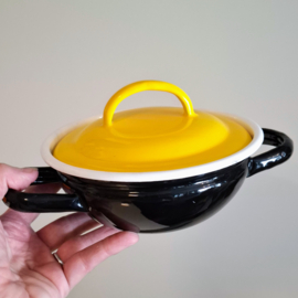 Emaïlle Pannetje met Deksel  - Zwart / Geel  - Ø 17 cm