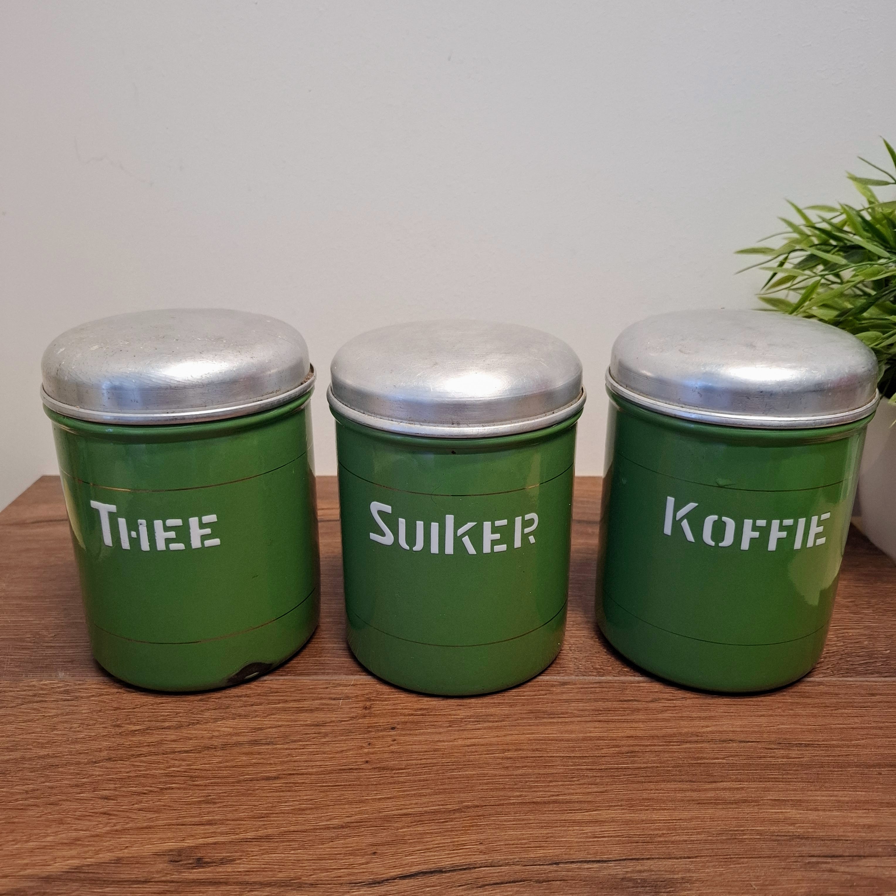 Etsy * Vintage Groen Emaille Voorraadblikken - Koffie - Thee - Suiker - Keuken / Verzamelen