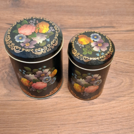 Theeblikje - Zwart met Bloemen - 2 Stuks