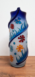 Blauw Vaas Beschilderd met Bloemen - Glaskunst