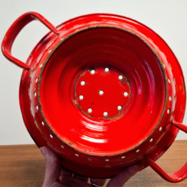 Vintage Rood Emaille Vergiet met handvaten en voet