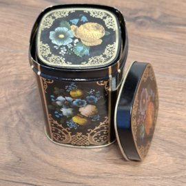 Theeblikje - 3 in elkaar passende blikjes - Zwart met Bloemen